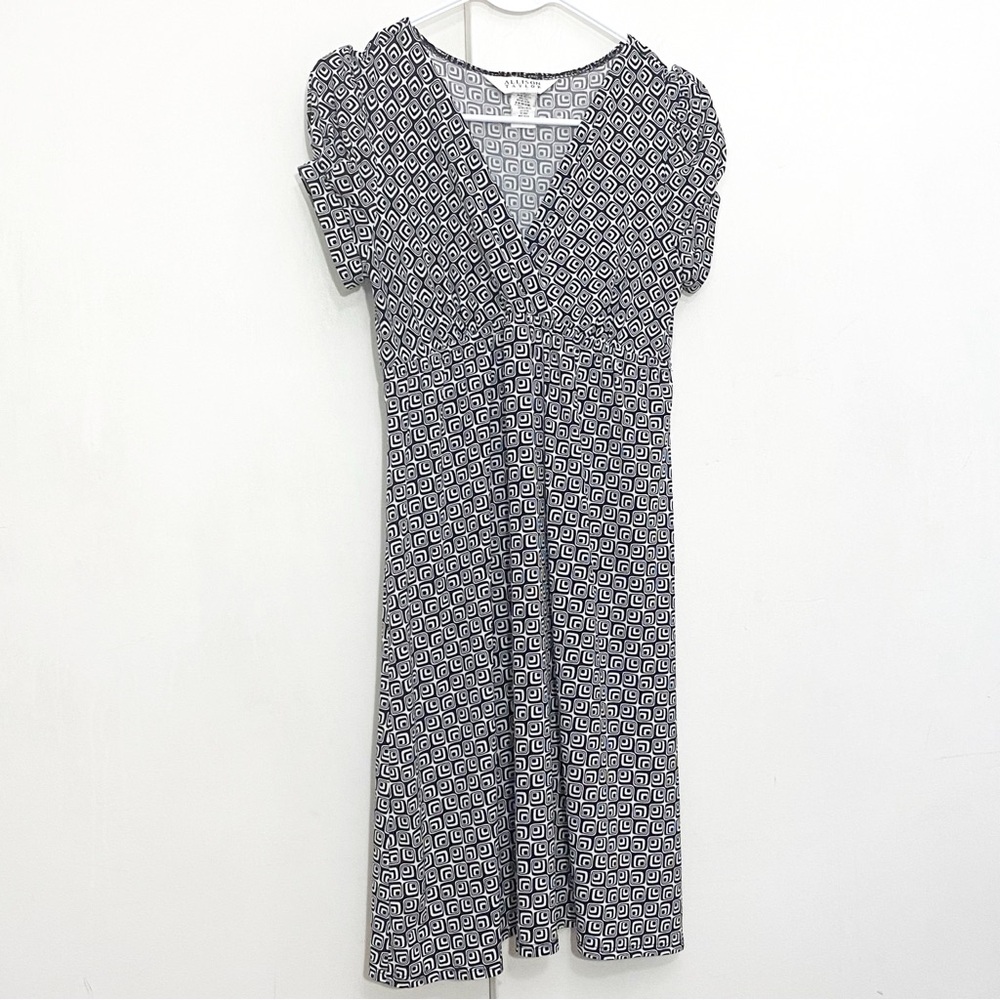 ALLISON TAYLOR geometric print deep v-neck faux wrap chest elastic waist dress M